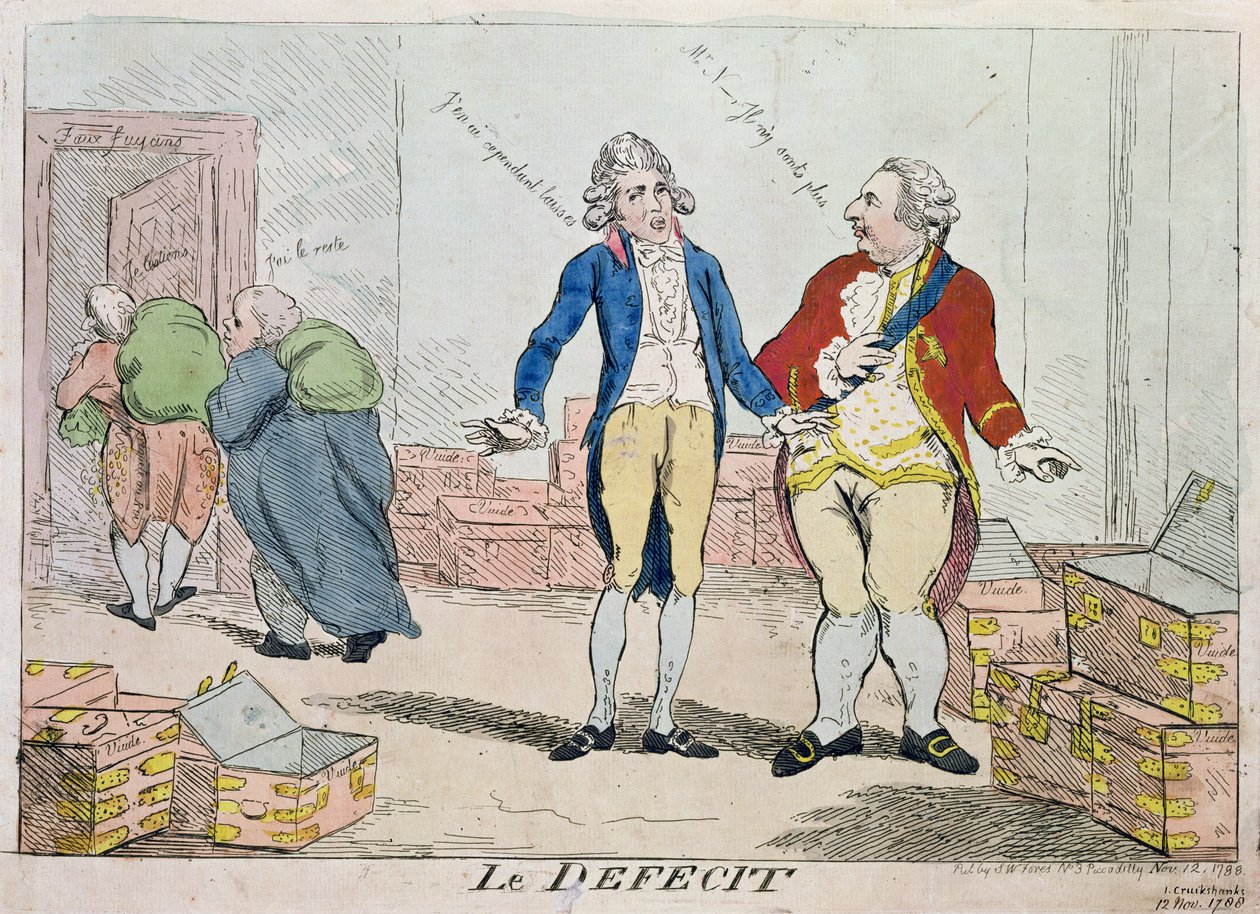 Le Deficit、1788年（カラーエッチング） 作： アイザックロバートクルックシャンク