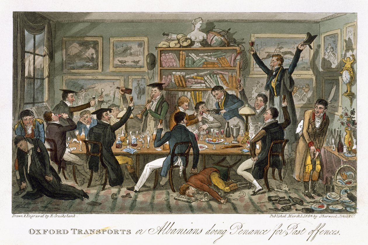 1825年にロンドンで出版されたチャールズモロイウェストマコット（1788-1868）の「The English Spy」から、過去の犯罪に対して罪を犯したオックスフォードトランスポートまたはアルバニア人 作： アイザックロバートクルックシャンク