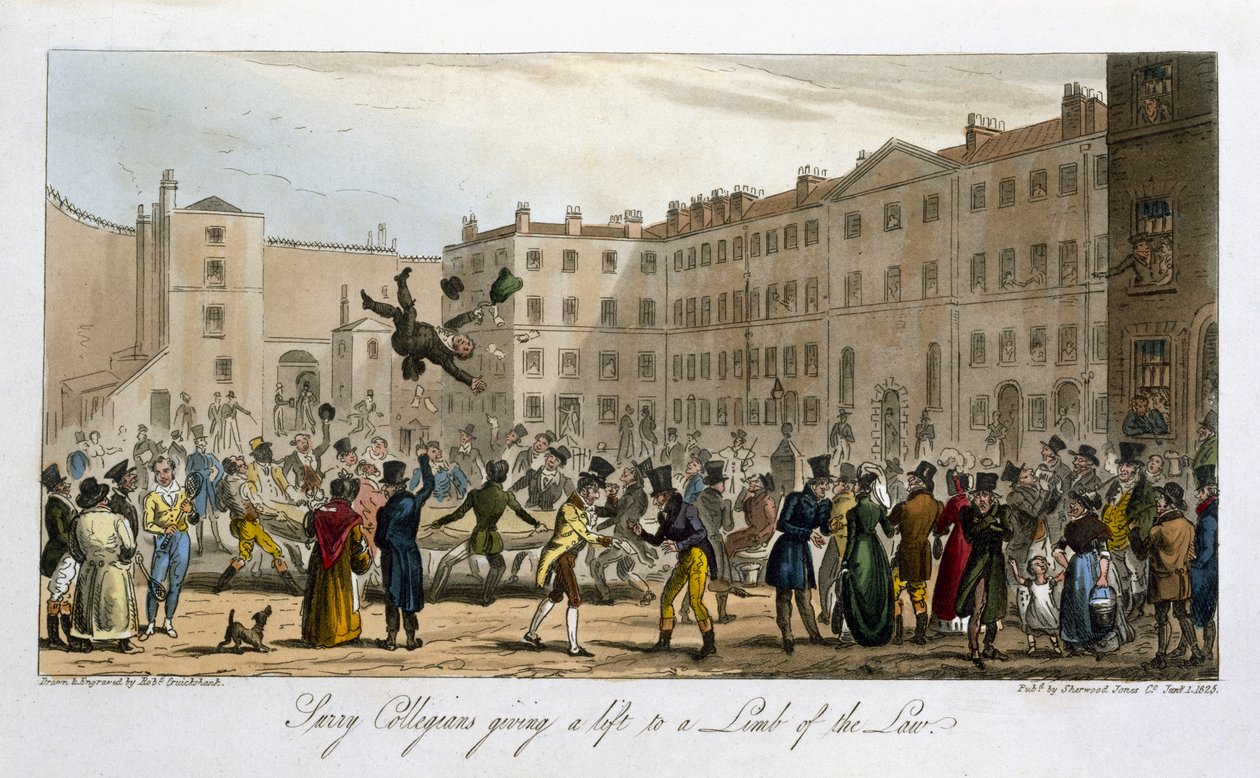 1825年にロンドンで出版されたチャールズモロイウェストマコット（1788-1868）の「The English Spy」から、法の四肢に力を与えるサリーコレジアン 作： アイザックロバートクルックシャンク