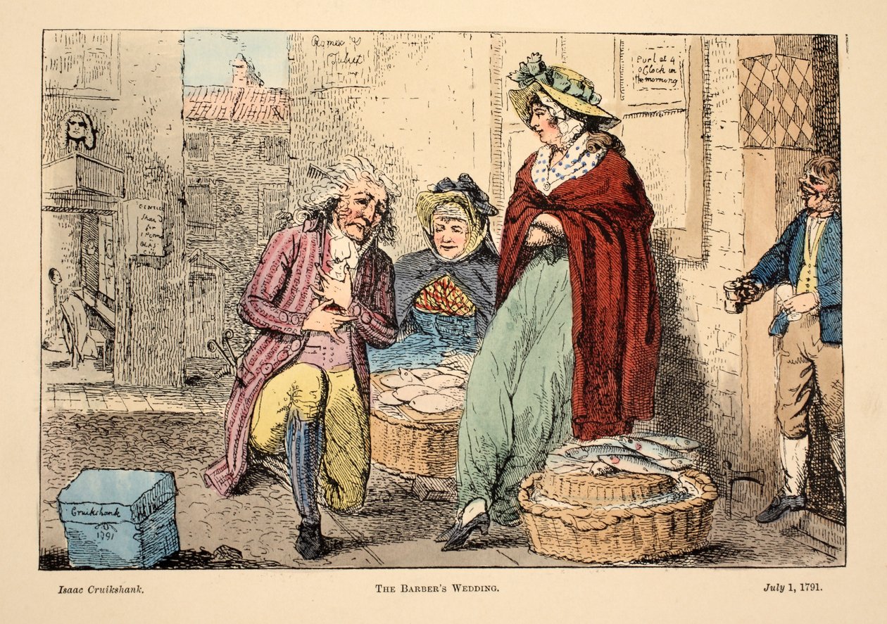 理髪店の結婚式、パブ。 1791年（手描きの彫刻） 作： アイザックロバートクルックシャンク