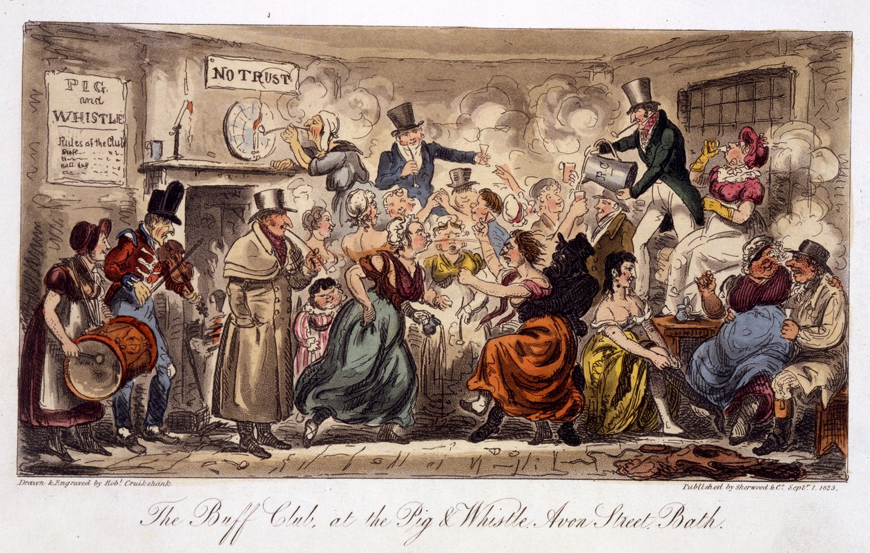 英国のスパイ、パブからの豚と笛、エイボン通り、バースのバフクラブ。ロンドン、1825年（ハンドカラーのアクアチント） 作： アイザックロバートクルックシャンク