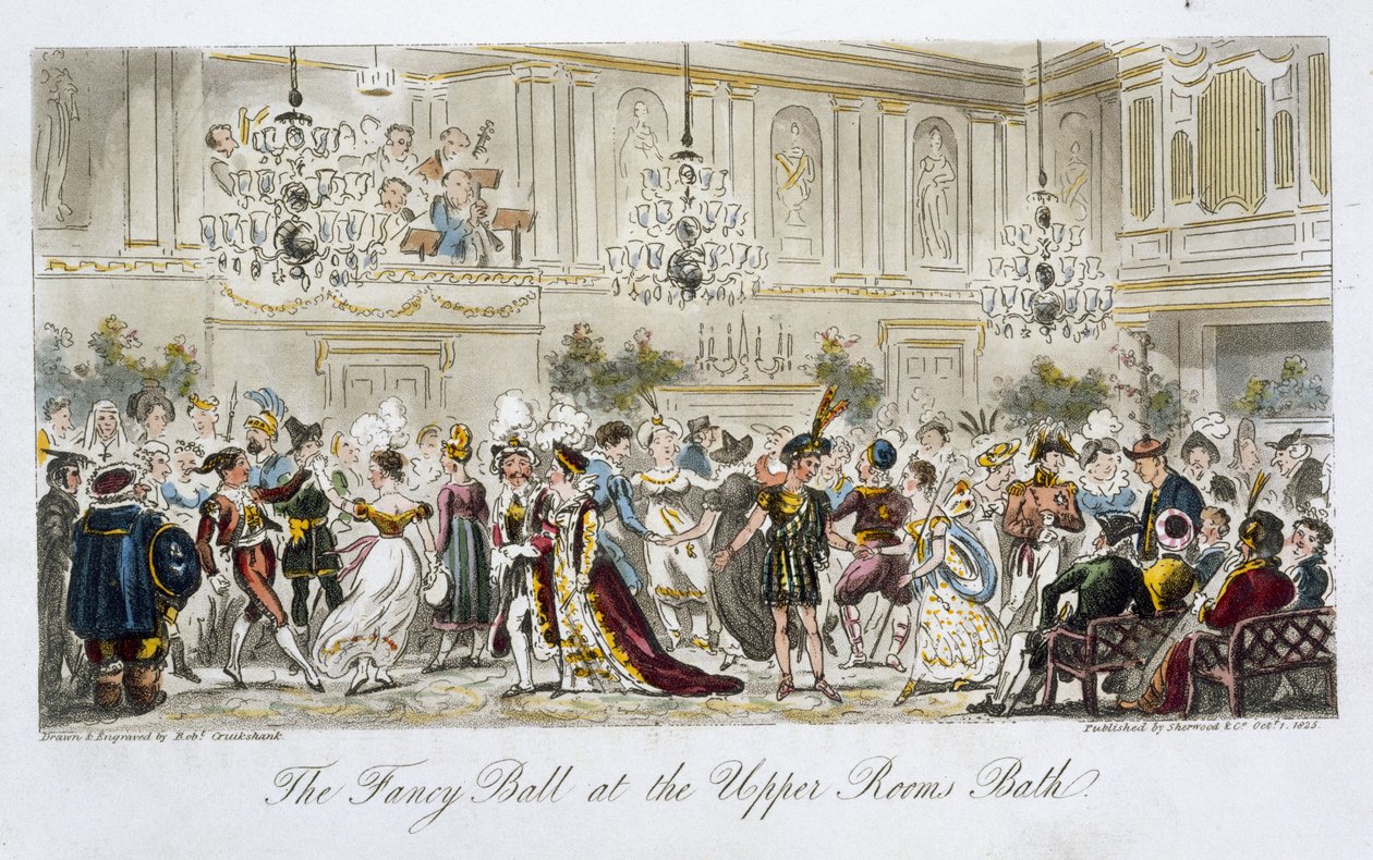 チャールズモロイウェストマコット（1788-1868）による「イングリッシュスパイ」のバース、アッパールームでのファンシーボール（1825年ロンドン発行） 作： アイザックロバートクルックシャンク