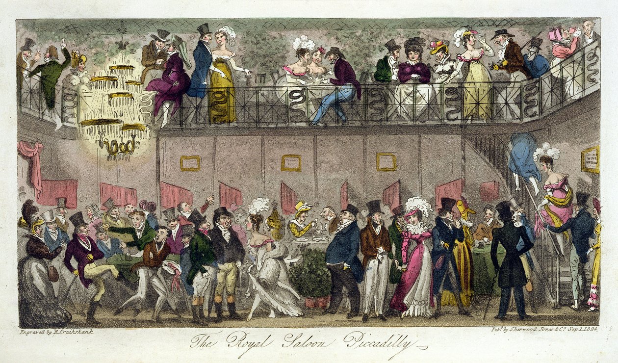 1824年に発行された「The English Spy」のピカデリーのロイヤルサルーン 作： アイザックロバートクルックシャンク