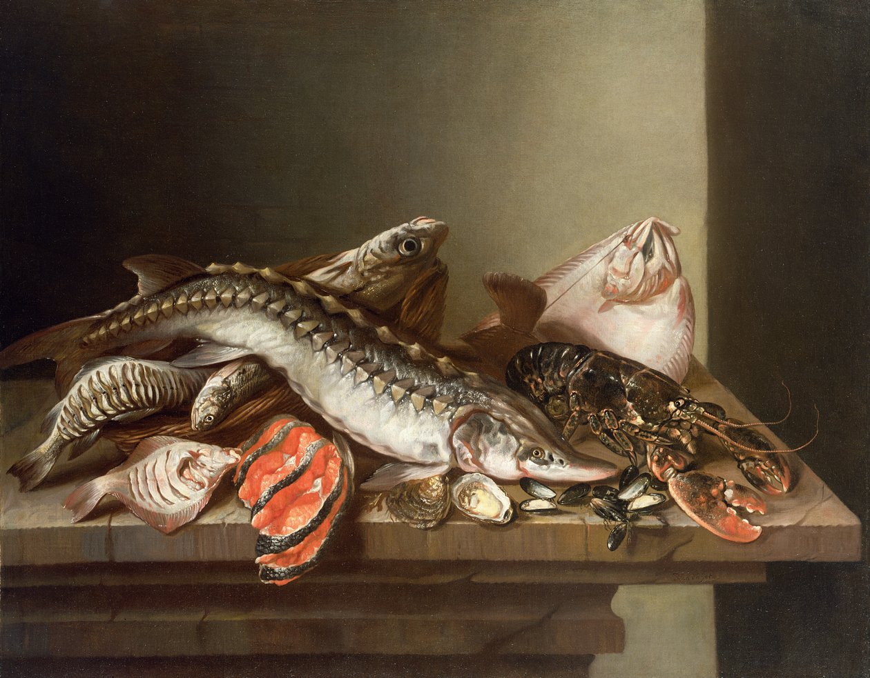 テーブルの上の魚の静物 作： アイザック・ファン・デュイネン