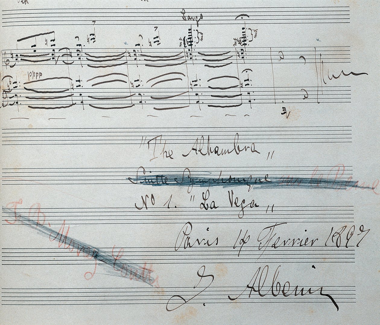 スペインの作曲家・ピアニスト、アイザック・アルベニス(1860-1909)のサイン入りピアノ組曲「ラ・ベガ」の楽譜。 原稿の日付は 1897 年 2 月 14 日。カタルーニャ国立図書館。 作： アイザックアルベニス
