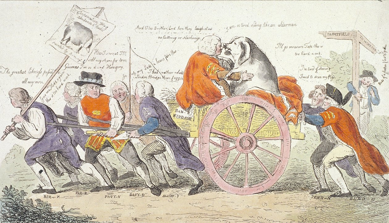 1790 年、框か市会議員のスミスフィールドへのコーポレーション ホッグの旅は、ピッグ ショーの男性に変わった。 作： アイザック・クルシャンク