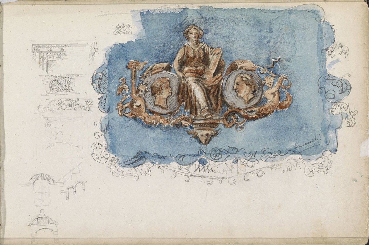 座っている女性と 2 つの肖像画のビネット 作： アイザック・ホッシャルク