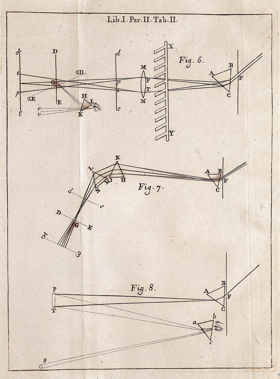 イギリスの数学者、物理学者、天文学者であるアイザック・ニュートン（1642-1727）の光学論文の1ページをイラスト化したもの。 作： アイザック・ニュートン