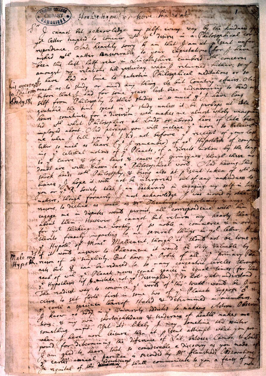 アイザックニュートンによる手紙、1679年11月28日 作： アイザック・ニュートン