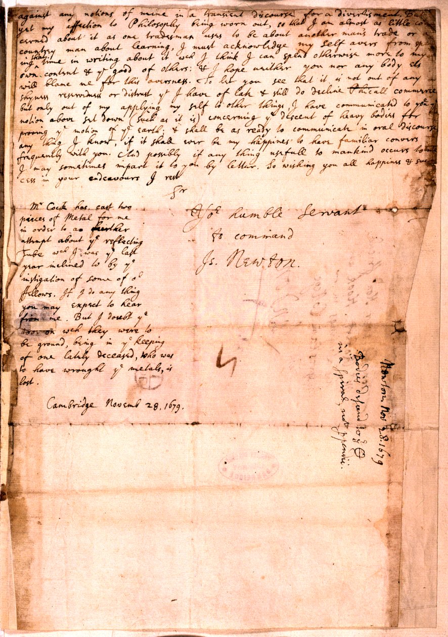 アイザックニュートンによる手紙、1679年11月28日 作： アイザック・ニュートン