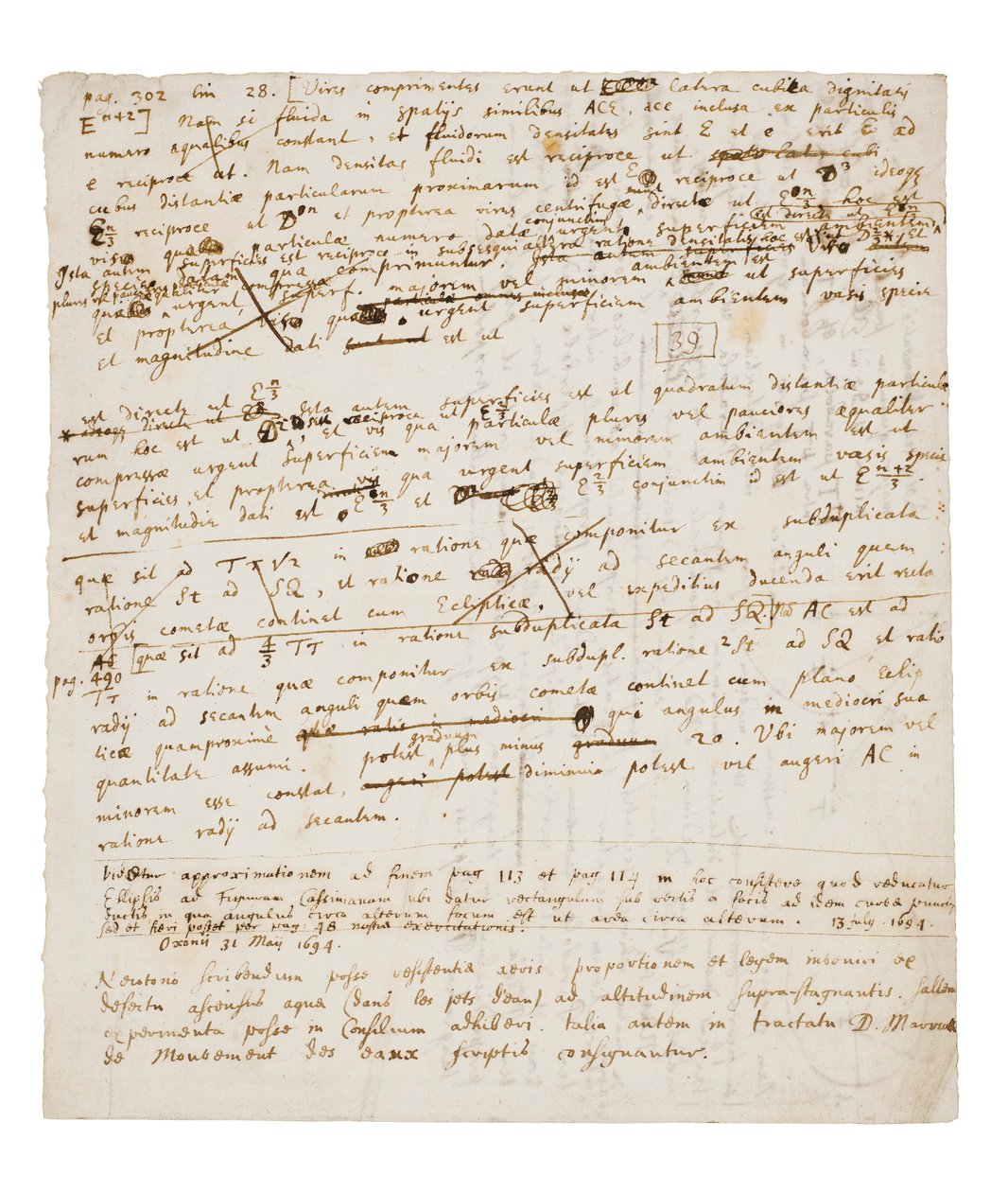 Principia Mathematica の 2 ページの改訂版 作： アイザック・ニュートン