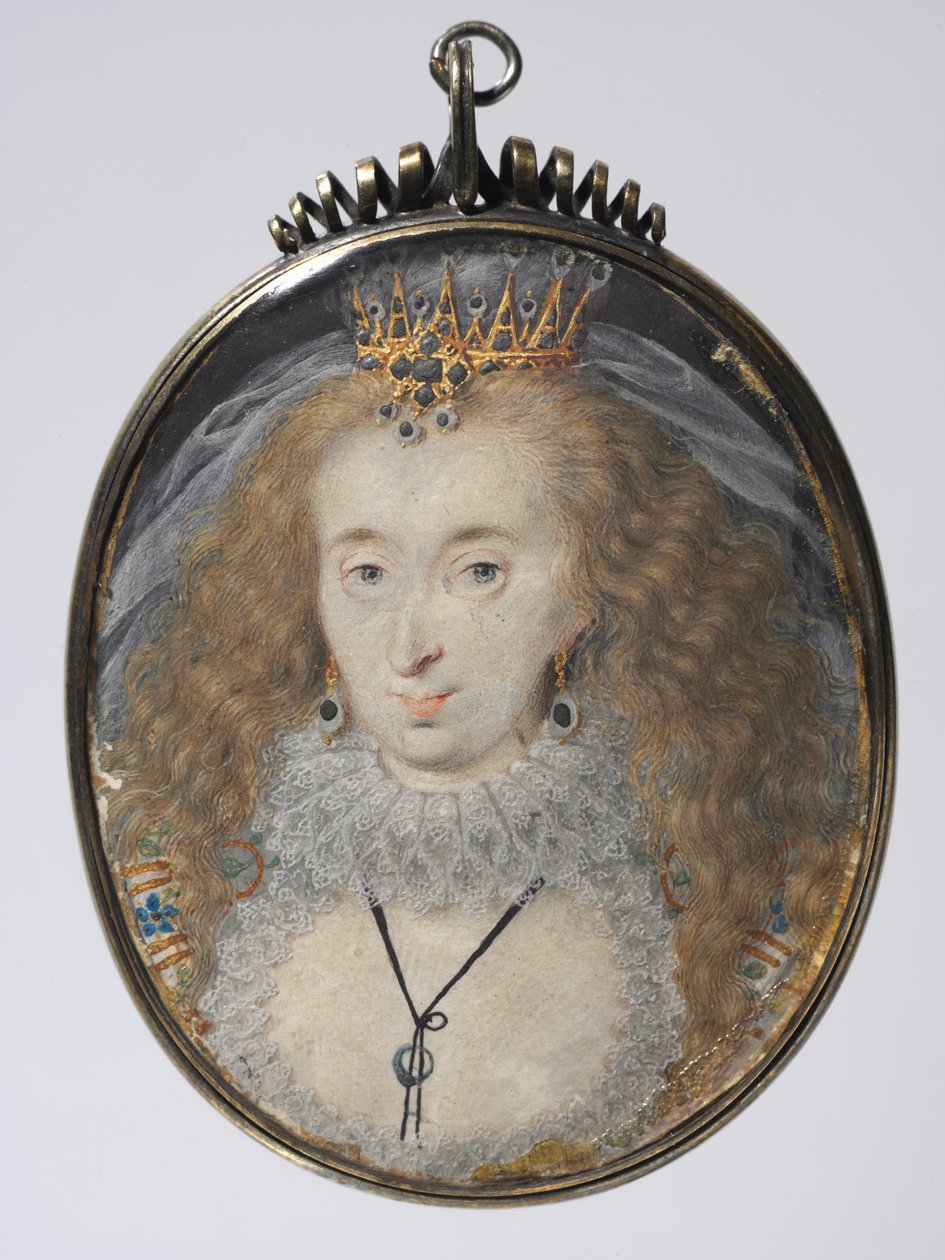 ルーシーラッセルの肖像、ベッドフォード伯爵夫人、c.1608-16（銀の金箔のフレームに金と銀が入ったベラムの水彩画） 作： アイザック・オリバー