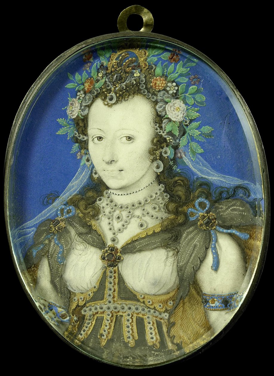 フローラとしての女性の肖像、c.1600-17（羊皮紙、銀、ガラス） 作： アイザック・オリバー