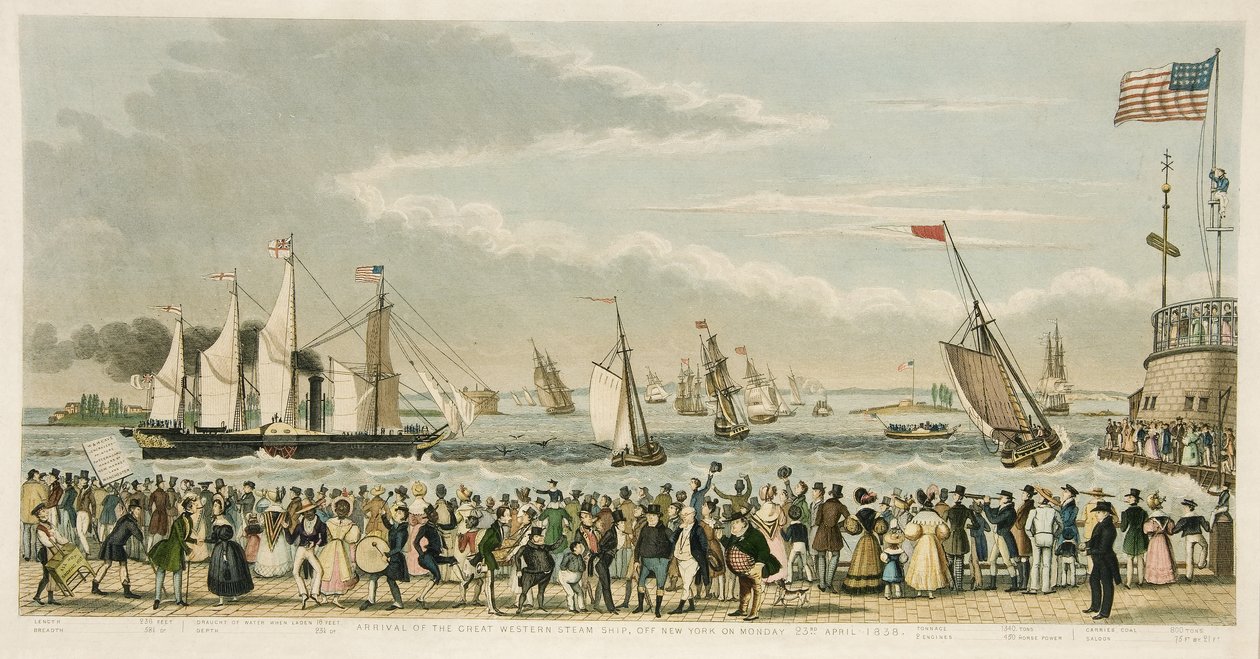 1838年4月23日、ニューヨークのパブにあるグレートウエスタンスチームシップの到着。 1842（手描きの彫刻） 作： アイザックロバートクルックシャンク