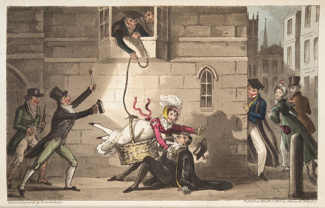 1824年にロンドンで出版されたThe English Spyのプロクター、またはオックスフォードブルの犬が勇敢な密輸者を発見した場合のキャップ（手書きの彫刻）） 作： アイザックロバートクルックシャンク