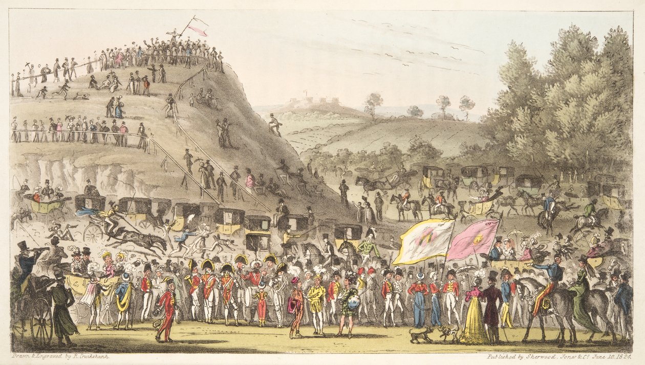 Eton Montemとマウント、ソルトヒル、The English Spyのパブ。 1824（手塗りの彫刻） 作： アイザックロバートクルックシャンク