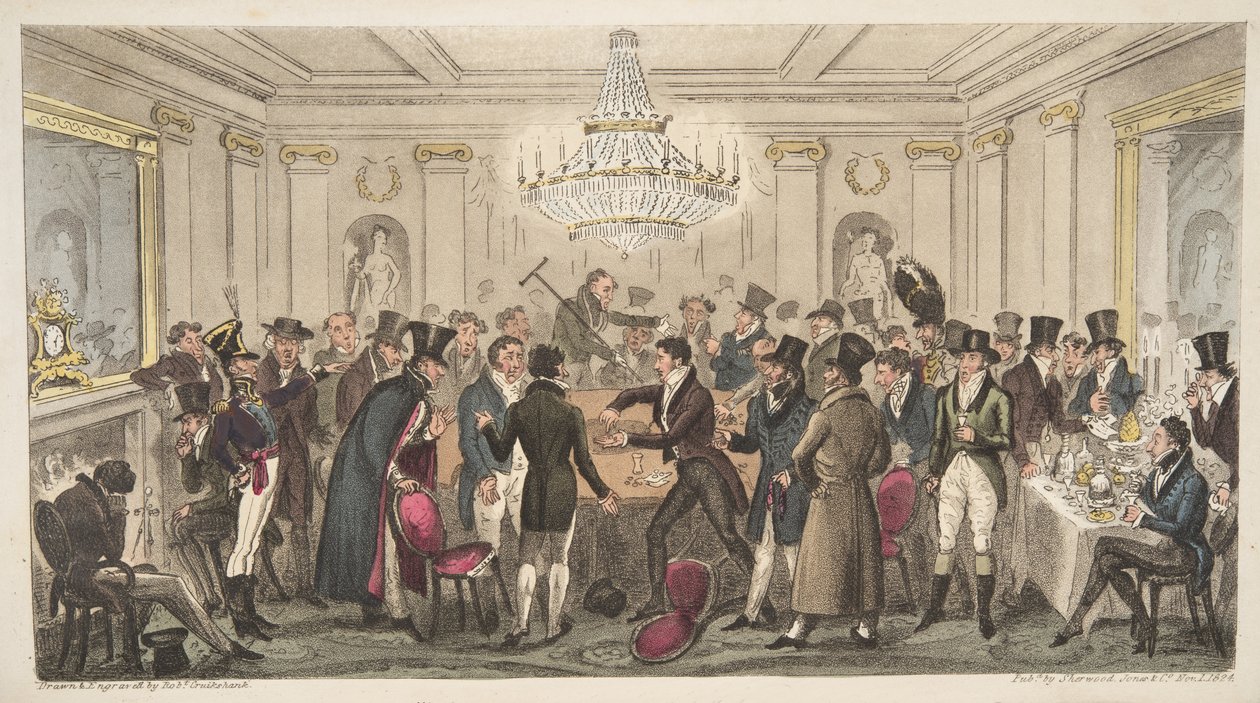 現代の地獄の内部-見よ。 The Cogged Dice、The English Spy、パブ。 1824（手塗りの彫刻） 作： アイザックロバートクルックシャンク