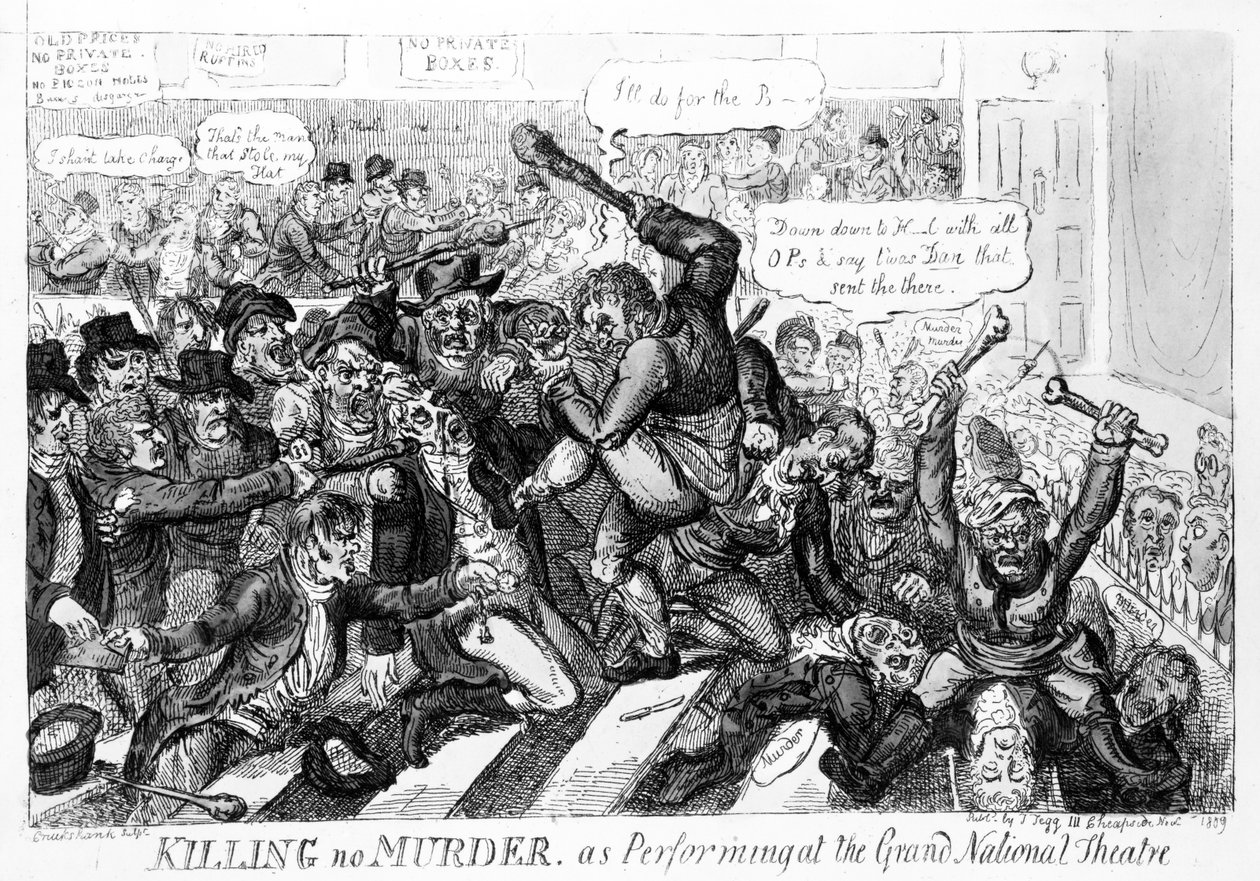 グランドナショナルシアターでの演奏による殺人の殺害、1809年 作： アイザックロバートクルックシャンク