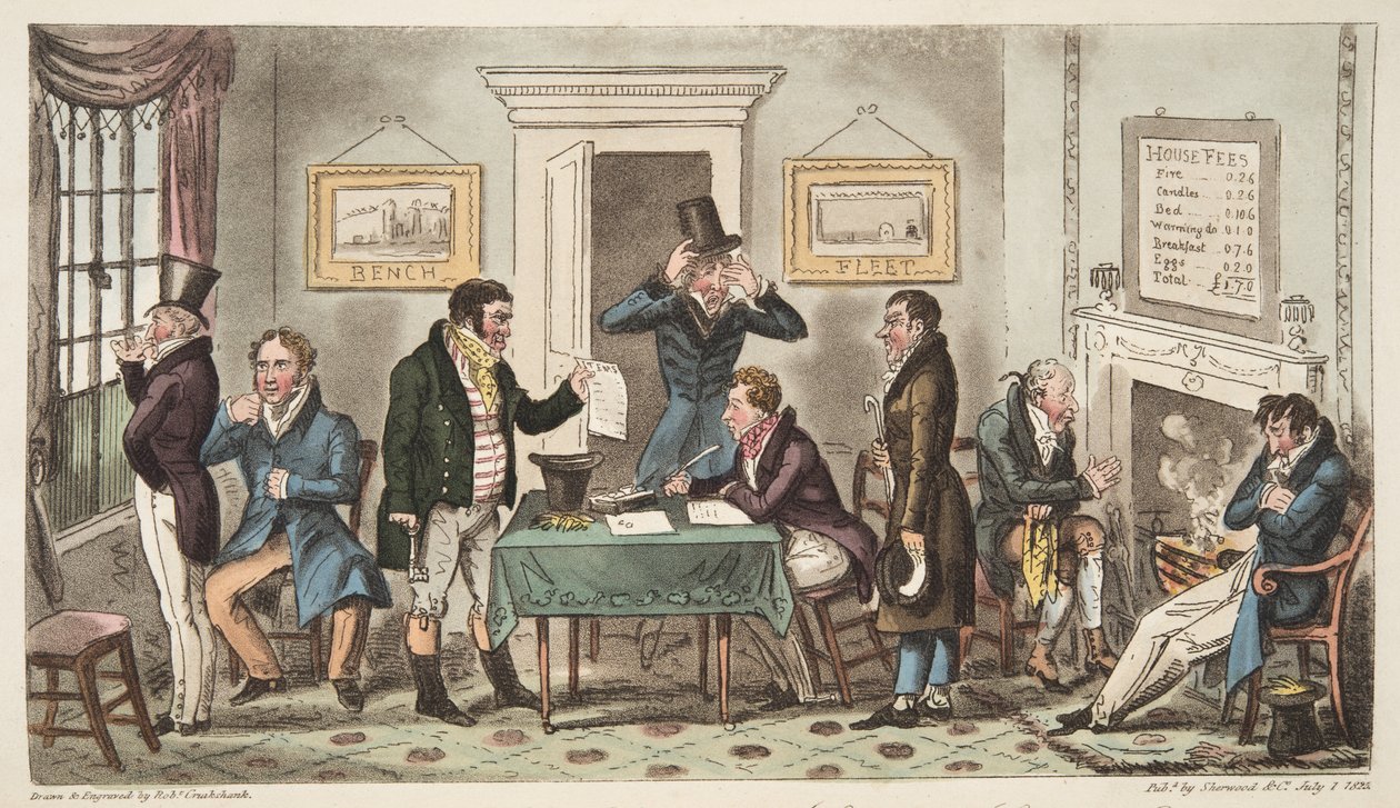 1824年にロンドンで出版されたThe English Spyの、Springing House、Carey Street、ちょっとした真実のロックアップシーン。 作： アイザックロバートクルックシャンク