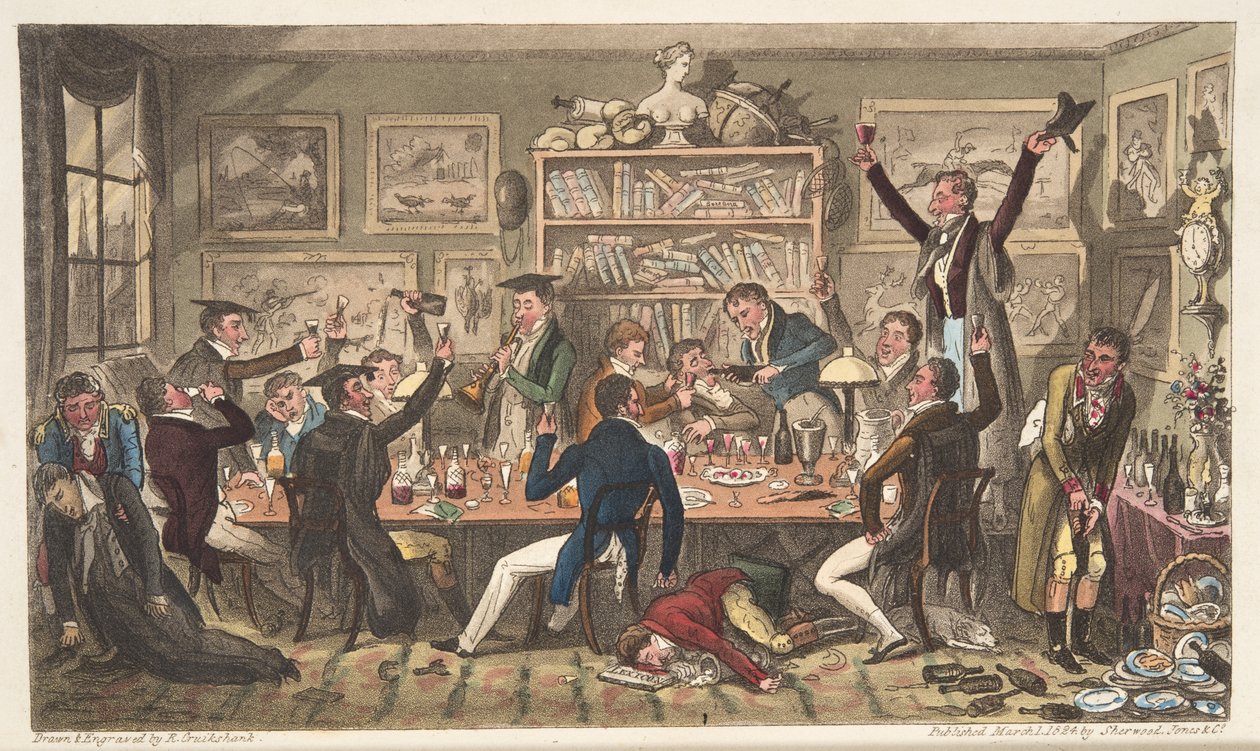 1824年にロンドンで発行されたThe English SpyのOxford Transports、またはUniversity Exiles（手書きの彫刻） 作： アイザックロバートクルックシャンク