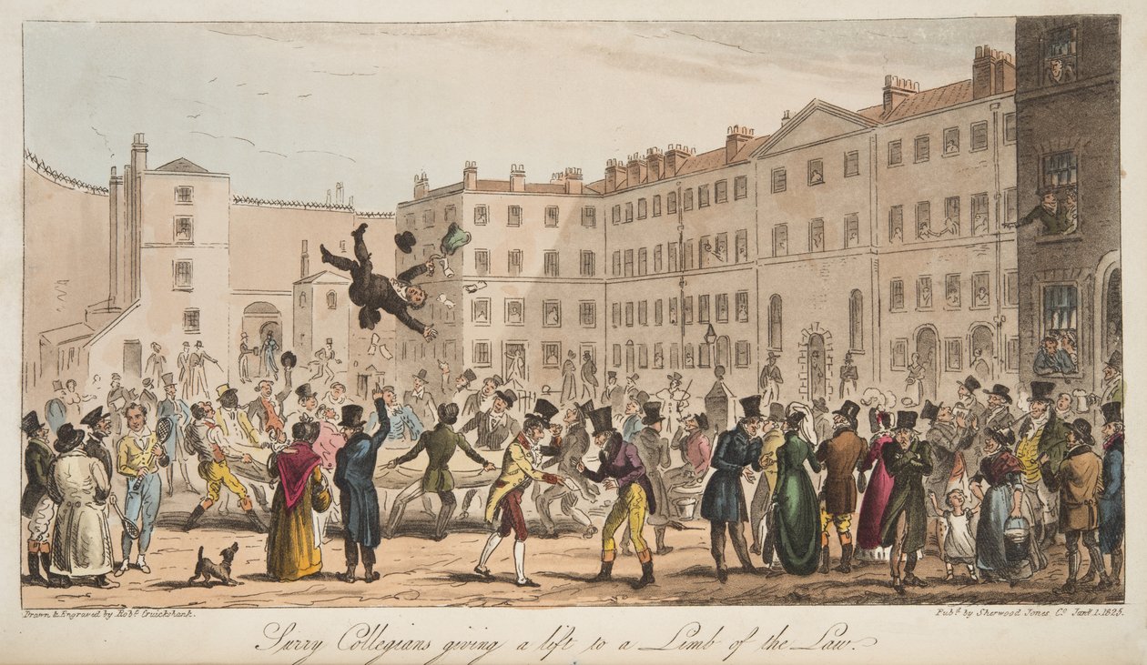 1824年にロンドンで出版されたイングリッシュスパイからの法の縁にリフトを与えるサリーCollegians 作： アイザックロバートクルックシャンク