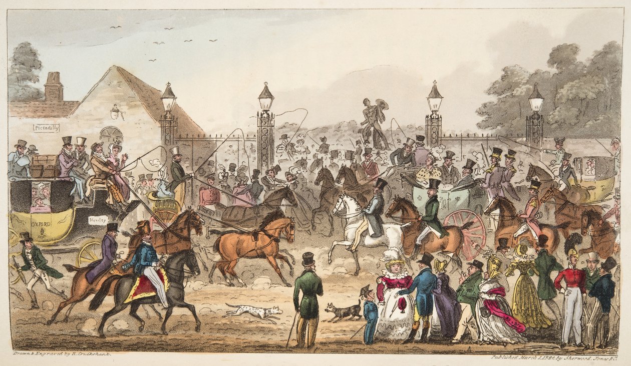 1824年に発行されたイングリッシュスパイからの到着、またはコックニーランドへの西側の入り口（手書きの彫刻） 作： アイザックロバートクルックシャンク