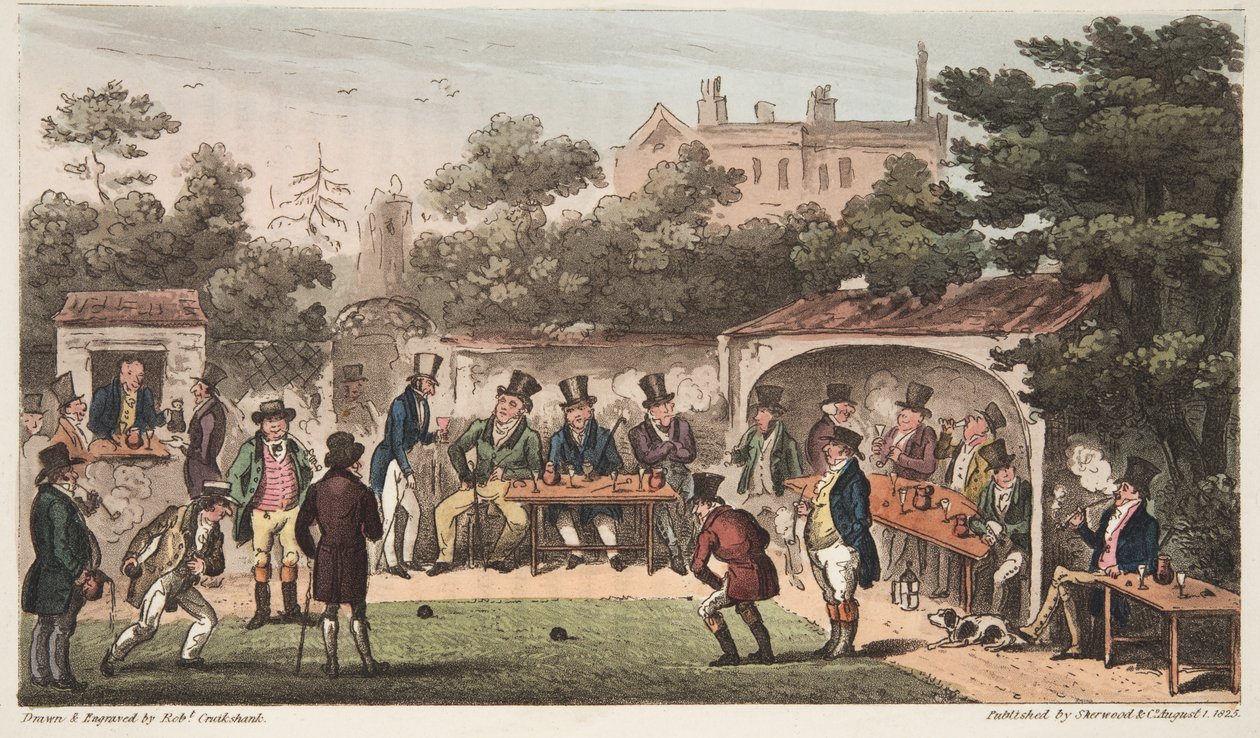 1824年にロンドンで出版されたイングリッシュスパイのボウリング場、ウスター、またはハンドアンドグローブクラブのキャラクター（手描きの彫刻） 作： アイザックロバートクルックシャンク