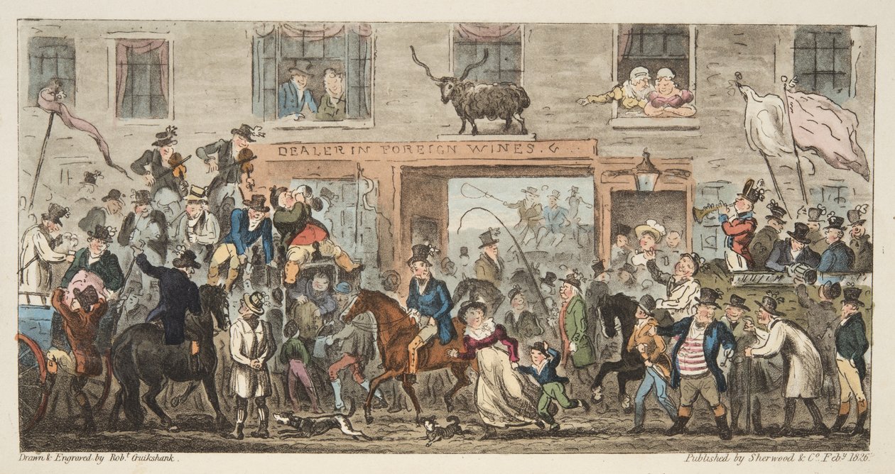 イングリッシュスパイのコミカルな行列。 1824年（手塗りの彫刻）グロスターからバークレー、The English Spy、パブ。 1824（手塗りの彫刻） 作： アイザックロバートクルックシャンク