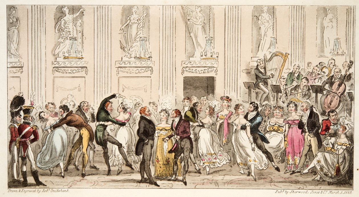 英国スパイ、パブからアーガイルルームでキプロスボール。 1824（手塗りの彫刻） 作： アイザックロバートクルックシャンク