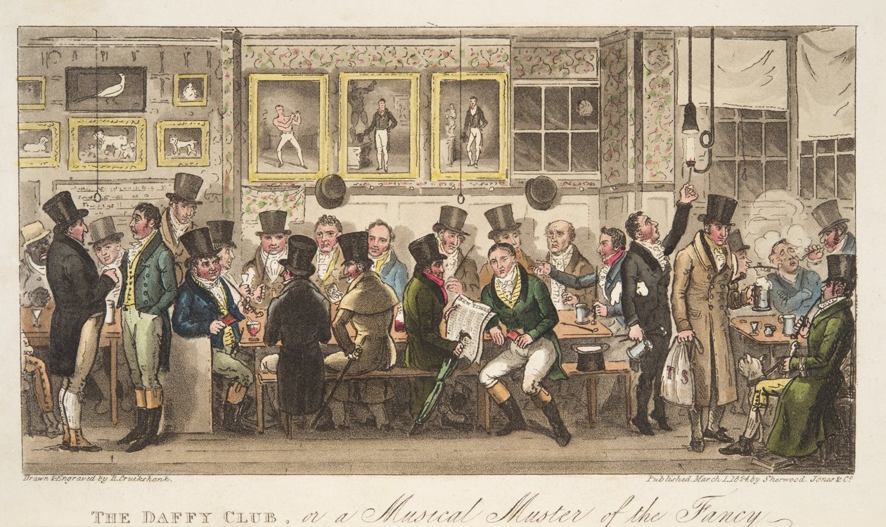 パブThe English Spyのダフィークラブ、またはファンシーのミュージカルマスター。 1824（手塗りの彫刻） 作： アイザックロバートクルックシャンク