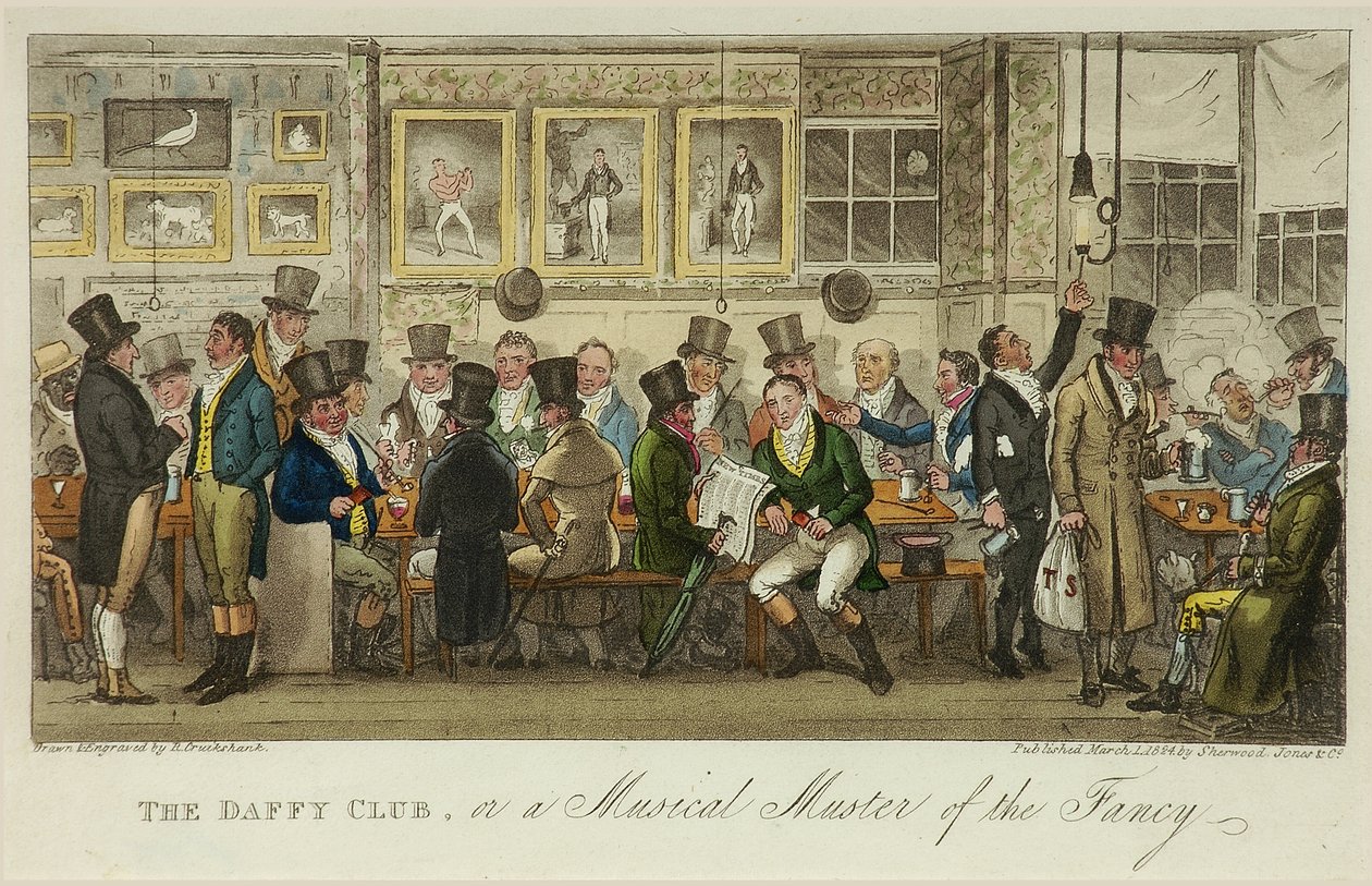1824年に出版された「The Daffy Club, or a Musical Muster of the Fancy」（カラーリトグラフ）。 作： アイザックロバートクルックシャンク