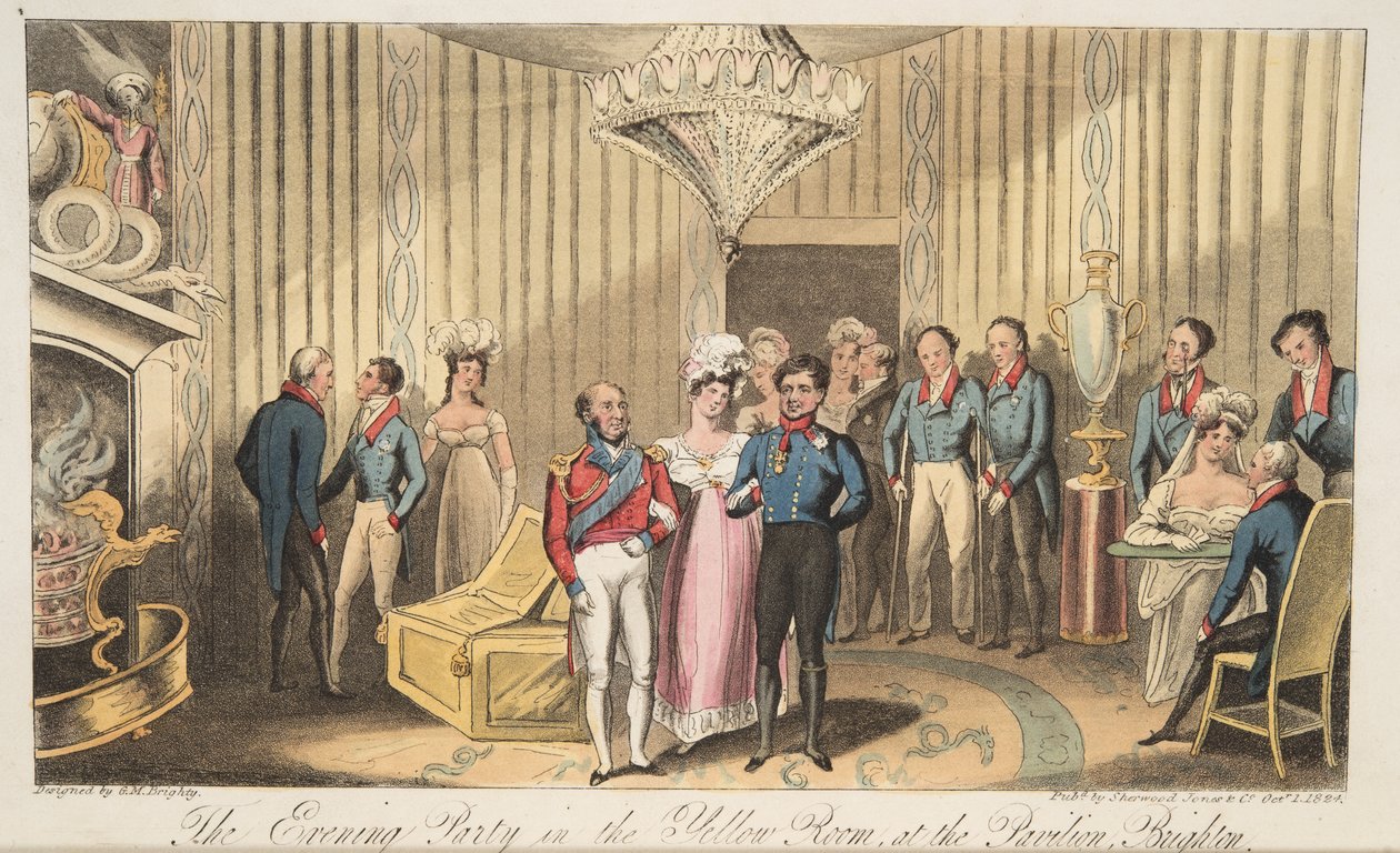 英国のスパイ、パブからのブライトン、パビリオンでのイブニングパーティー。 1824（手塗りの彫刻） 作： アイザックロバートクルックシャンク