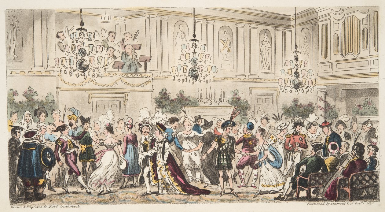 1824年にロンドンで出版されたイングリッシュスパイのバス、アッパールームでのファンシーボール 作： アイザックロバートクルックシャンク