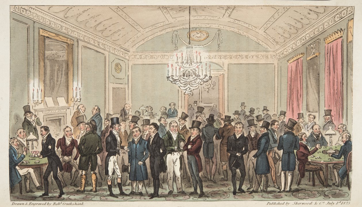 イングリッシュスパイのパブ、ブルックスのグレートサブスクリプションルーム。 1824（手塗りの彫刻） 作： アイザックロバートクルックシャンク