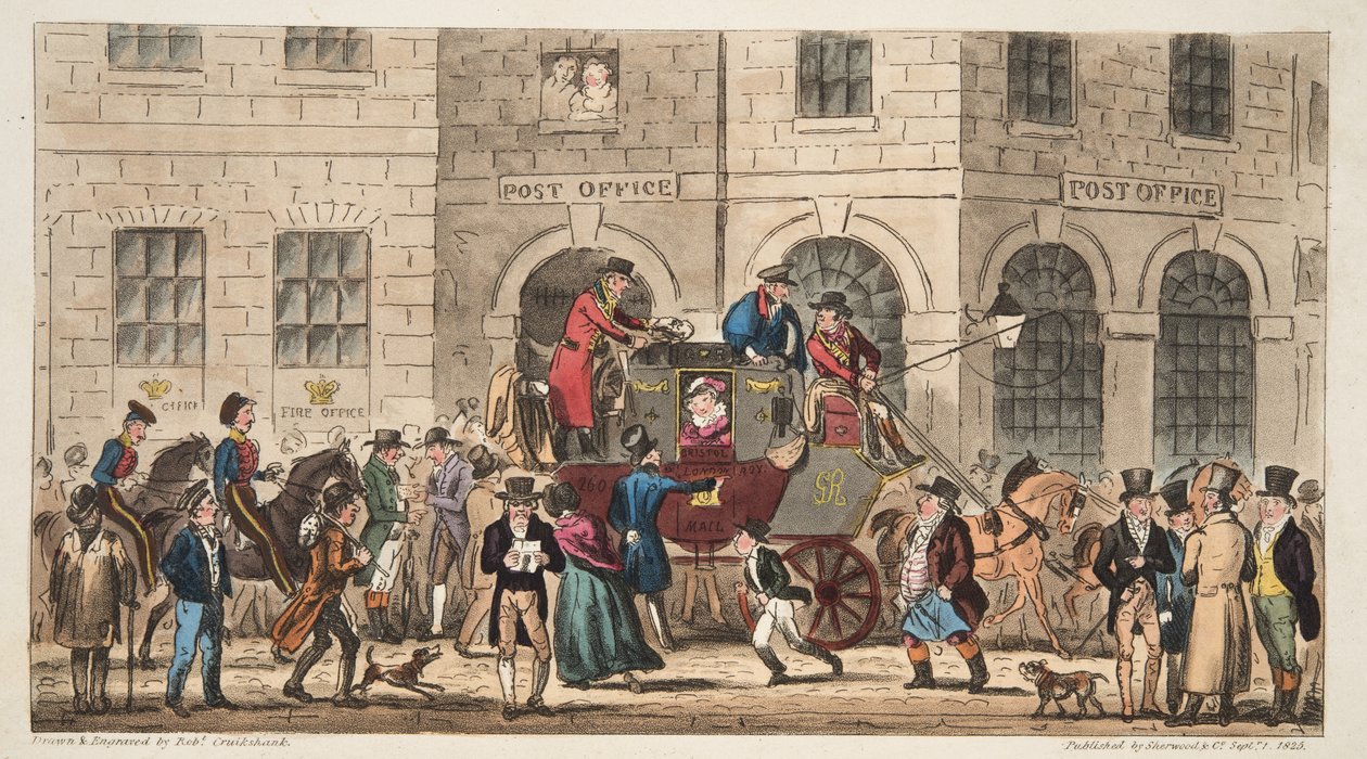 1824年にロンドンで発行されたイングリッシュスパイのロンドン郵便の到着である郵便局ブリストル 作： アイザックロバートクルックシャンク