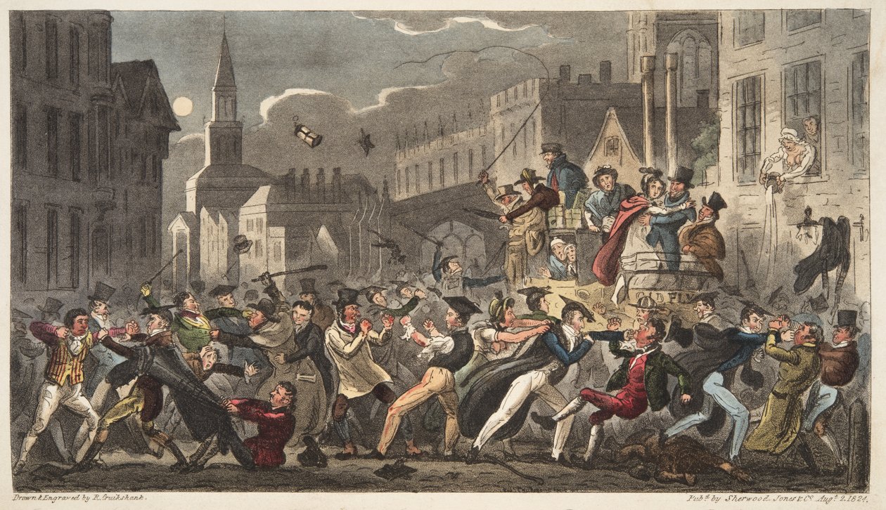 タウンアンドガウン、The English Spy、パブ。 1824（手塗りの彫刻） 作： アイザックロバートクルックシャンク
