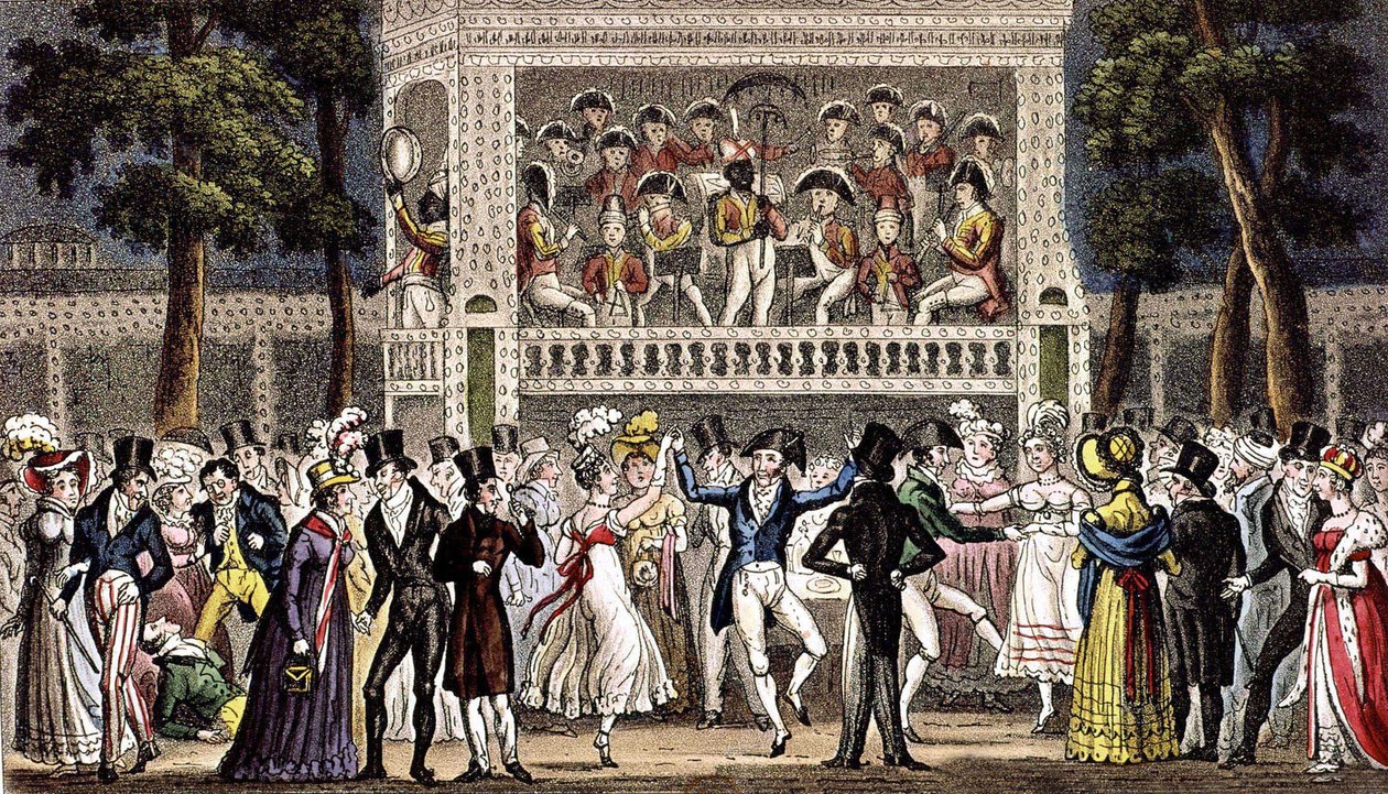ロンドンのボクスホール ガーデンでの舞踏会 c. 1830年、彫刻 作： Isaac Robert & George (1792 1878) クルックシャンク