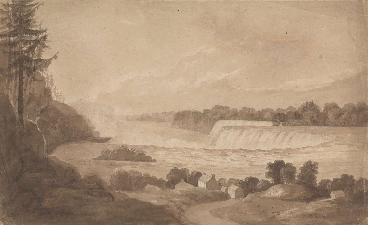 Vista das Cataratas do Niágara com as cataratas ao fundo, à direita e paisagem com casas em primeiro plano 作： アイザック・ウェルド
