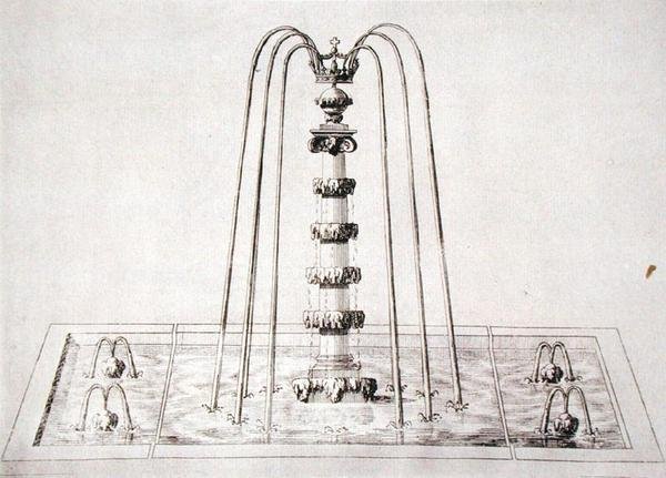1645年頃の「ウィルトンの庭園」からの噴水のデザイン（彫刻） 作： アイザックデコース