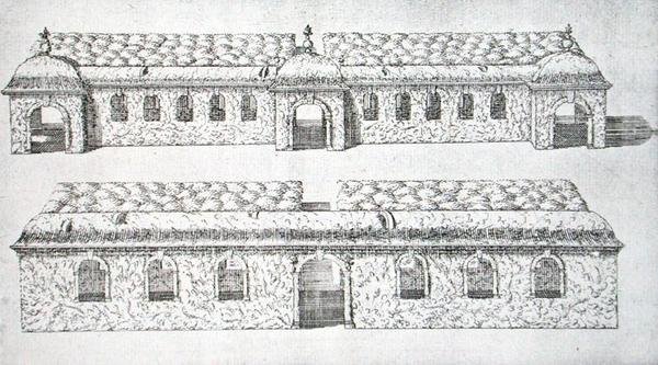 1645年頃の「ウィルトンの庭園」に描かれたトピアリーのアーケード付き通路（エングレービング 作： アイザックデコース
