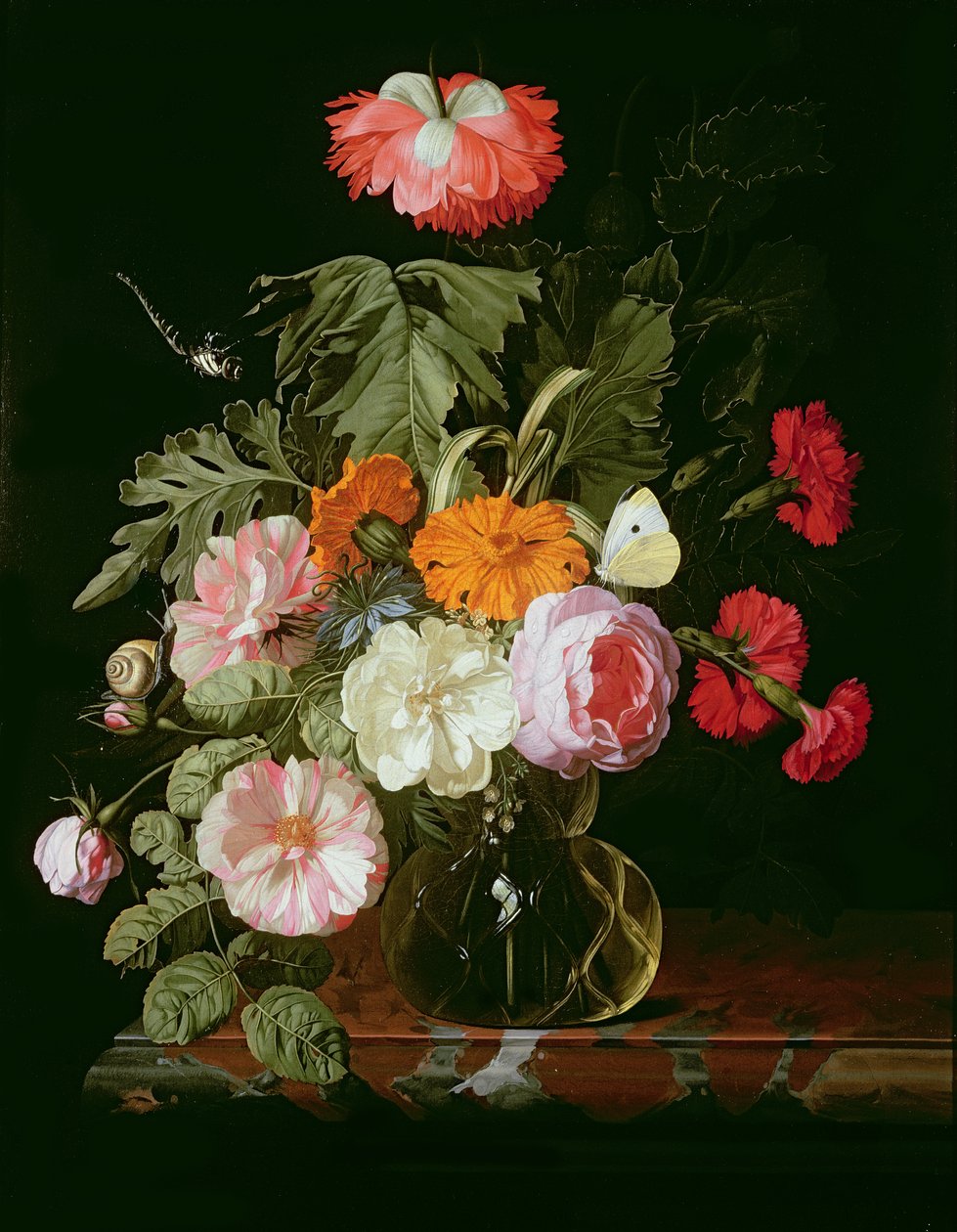 ガラスの花瓶に白い蝶の薔薇、牡丹、霧の中の恋 作： アイザックは否定する