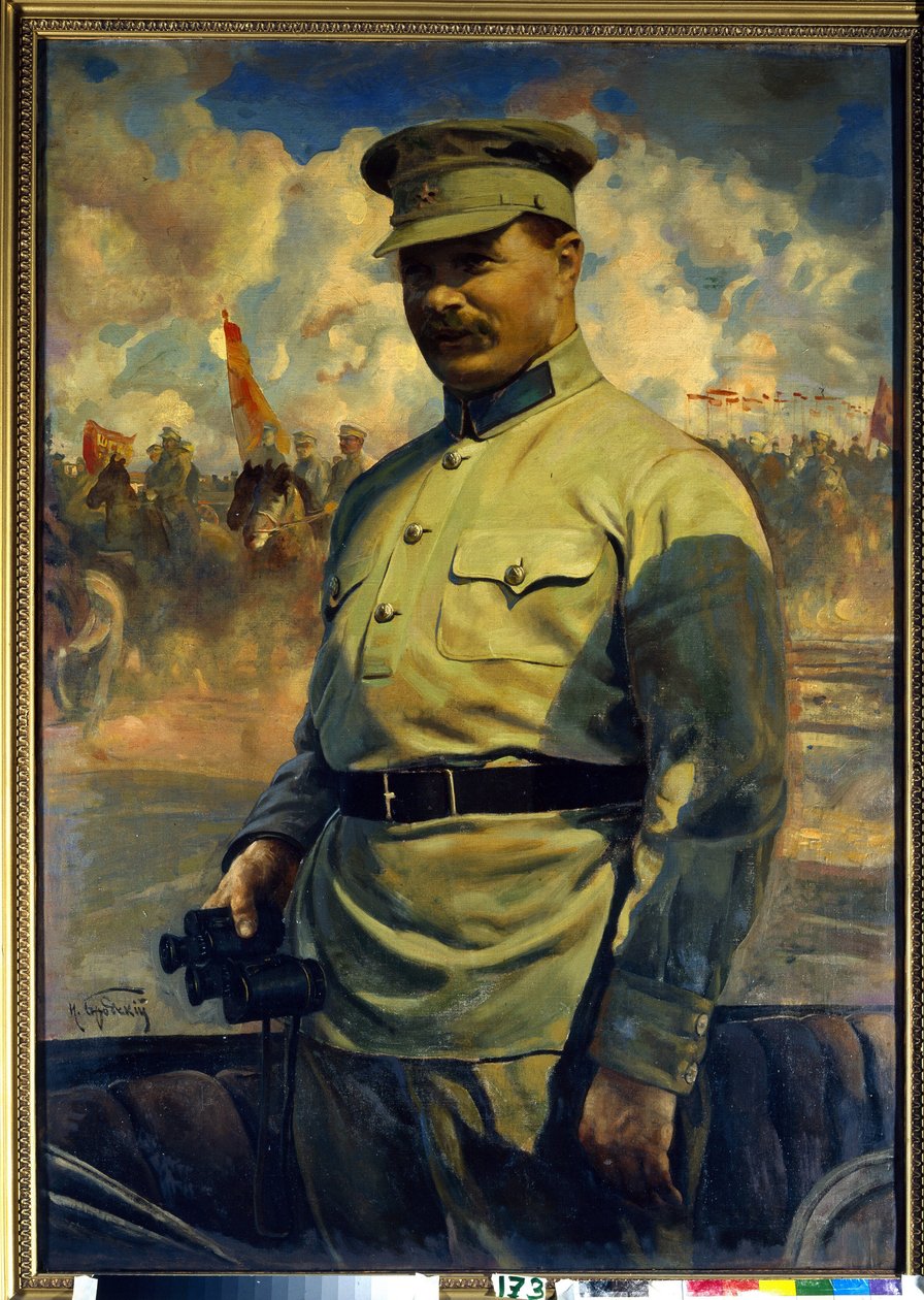 ボリシェヴィキの指導者ミハイル・ヴァシリエヴィチ・フルンゼ (1885-1925) の肖像。 （ボルシェビキの指導者 M. V. フルンゼの肖像）。 Isaak Izrailevich Brodsky (Brodsky) (1884-1939) による絵画、キャンバスに油彩 作： アイザック・イスラエルビッチ・ブロツキー
