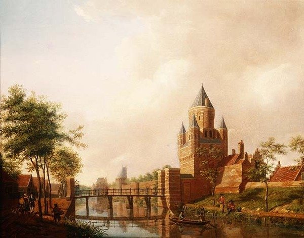 ハーレムのKleine Houtpoort（小ゲートウェイ）とGrote Houtpoort（大ゲートウェイ）の風景。 作： アイザック・オウウォーター