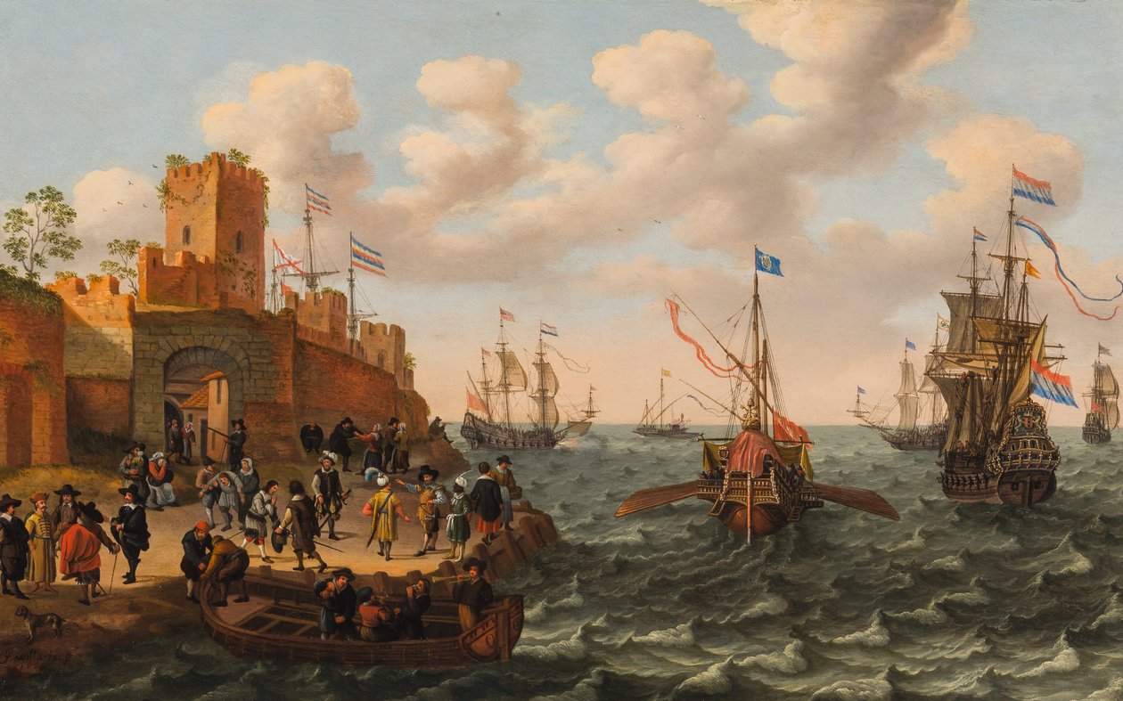 要塞化された町の海岸に沿ったオランダのスリーマスターと教皇のガレー船、1662年頃（パネルに油彩） 作： Isaak Willaerts