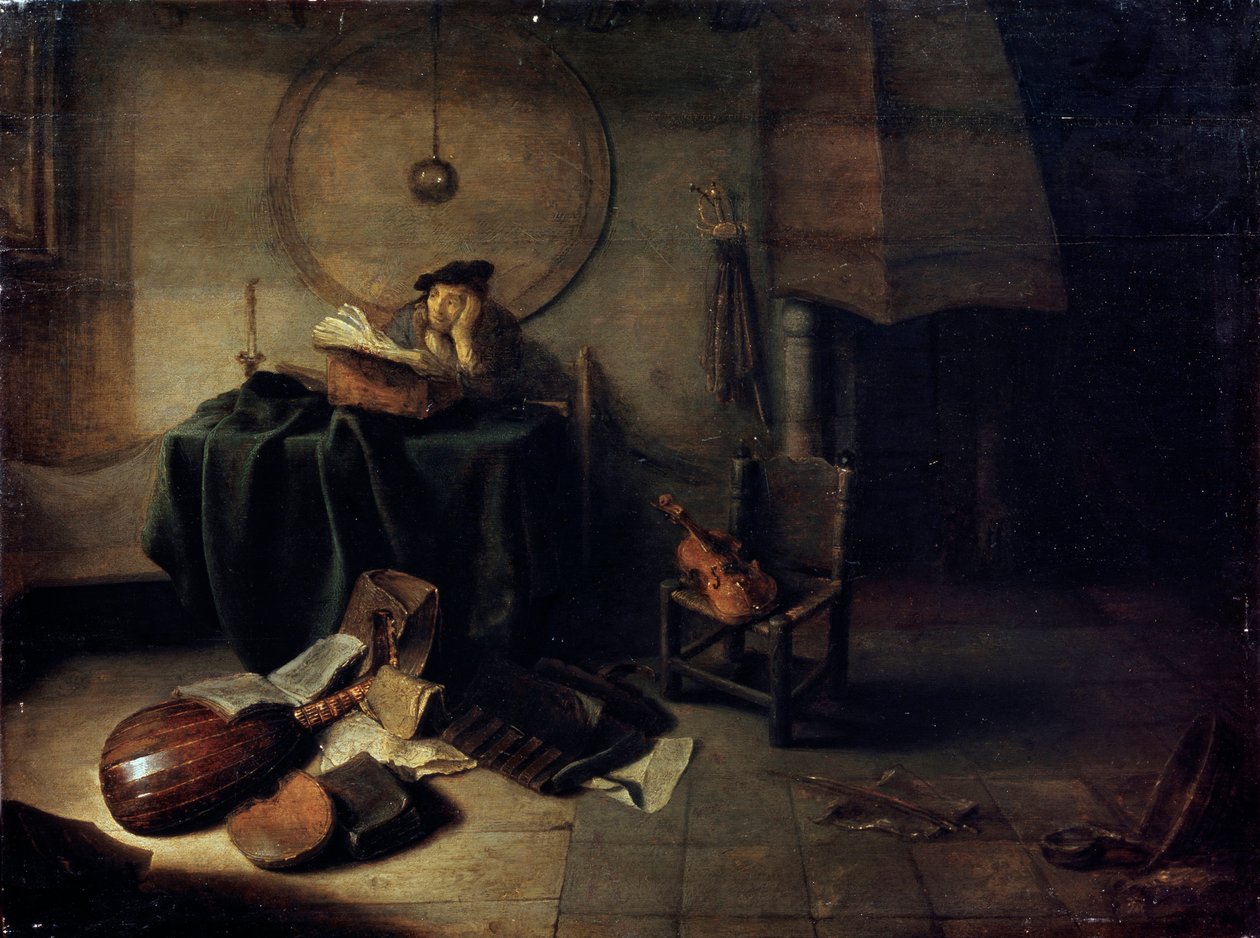「アトリエのメランコリー II 科学者」、17 世紀のオランダ絵画 作： Isaac de Jouderville