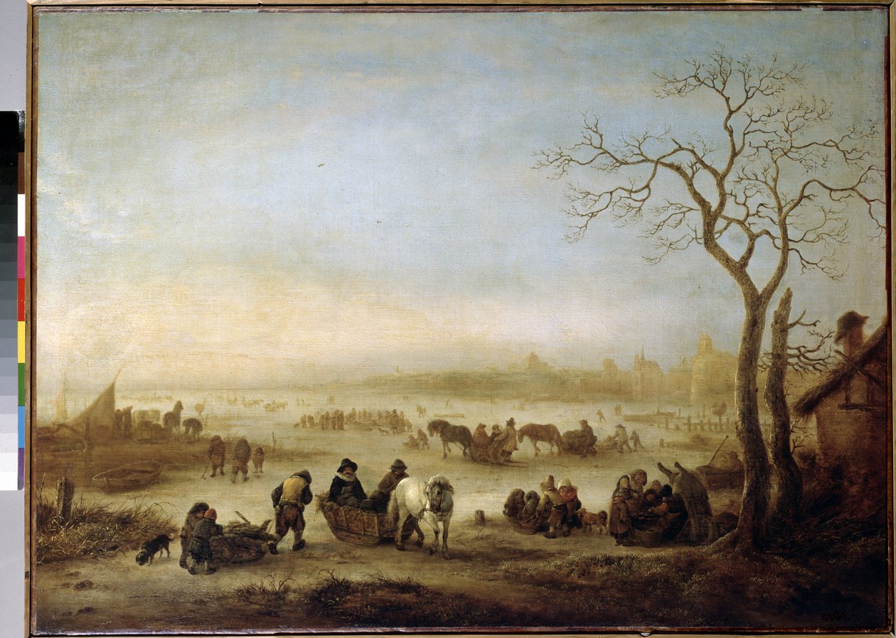 ラックイエロー（凍った湖）。 Peinture de Isaac van Ostade (1621-1649) 作： イサック・ファン・オスターデ