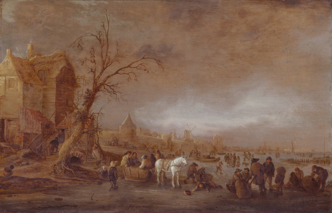 城壁に囲まれた町の前の凍った川に浮かぶ人物のいる冬の風景 作： イサック・ファン・オスターデ