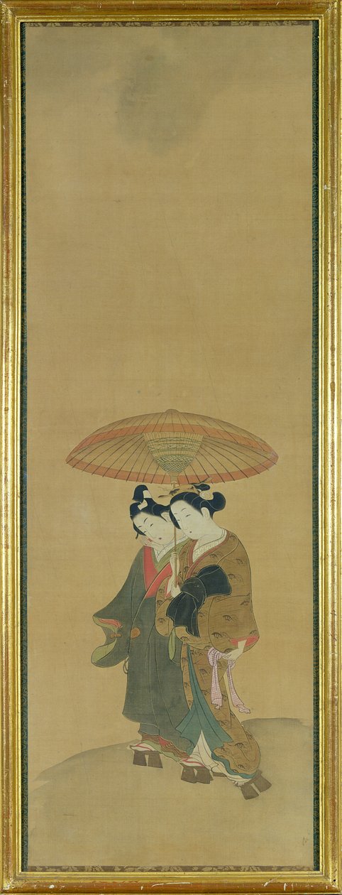 傘の下の2人の恋人（シルクのインクと色） 作： 石川豊信