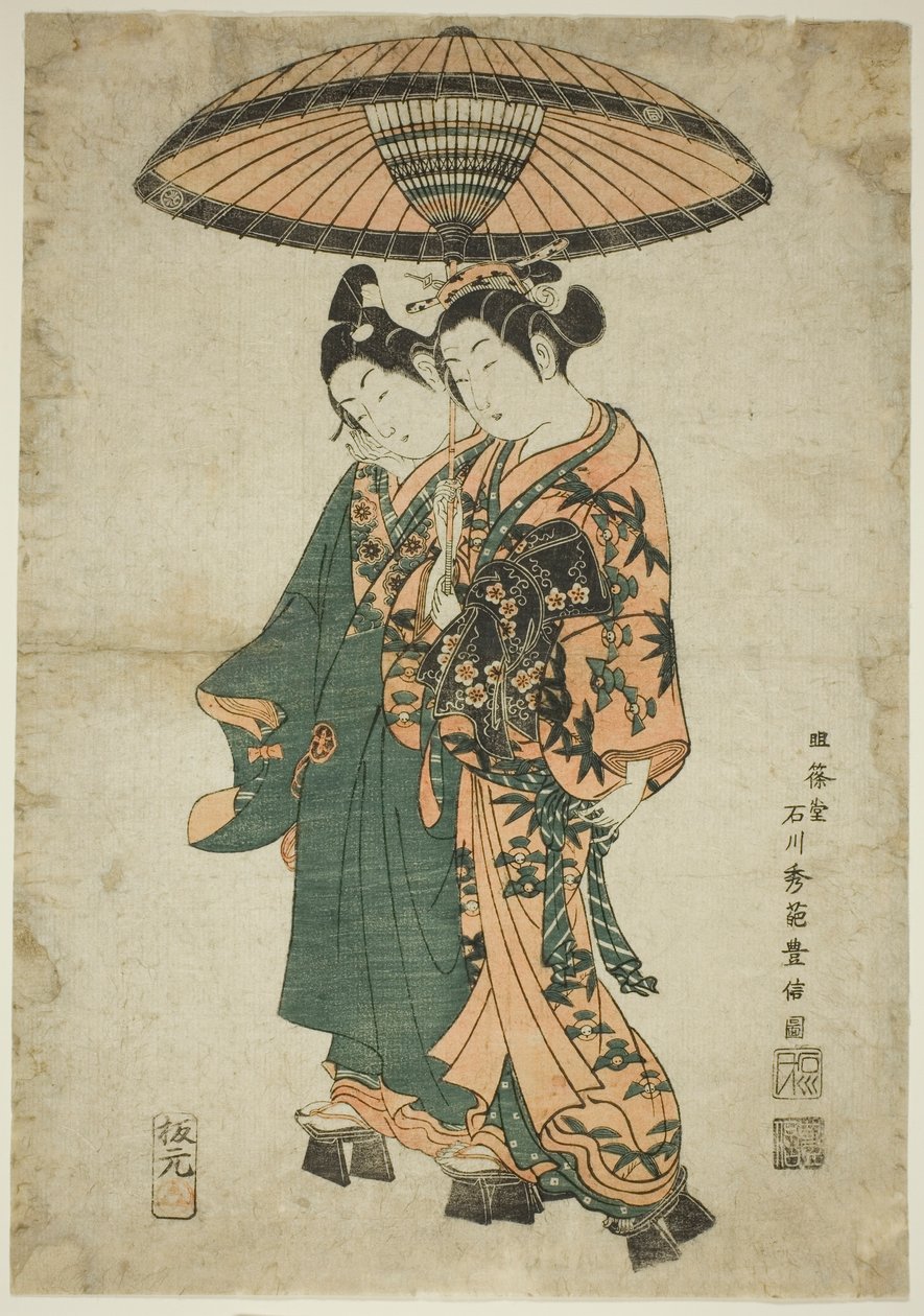 The Actors Sanogawa Ichimatsu I and Segawa Kikunojo I as lovers under an umbrella 作： 石川豊信