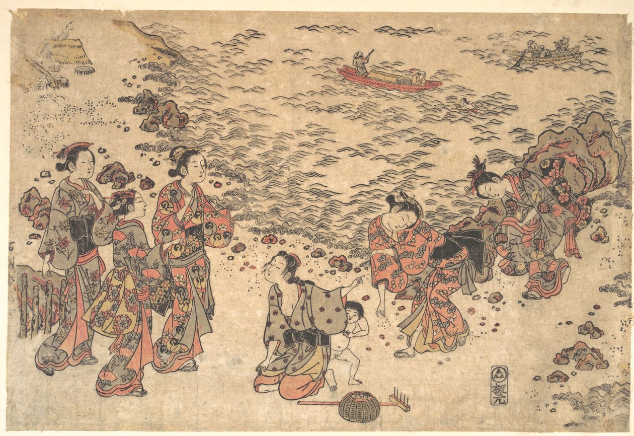 海辺の砂浜で、女性たちと小さな男の子が貝殻を拾っている 作： 石川豊信